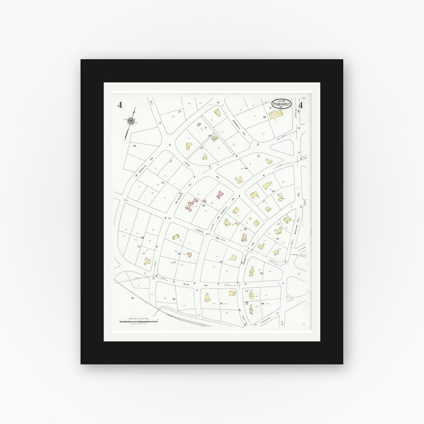 Old map wall art mockup — black gallery frame with white mat — Sanborn Fire Insurance Map from Pinehurst, Moore County, North Carolina (1927), Sheet #0004