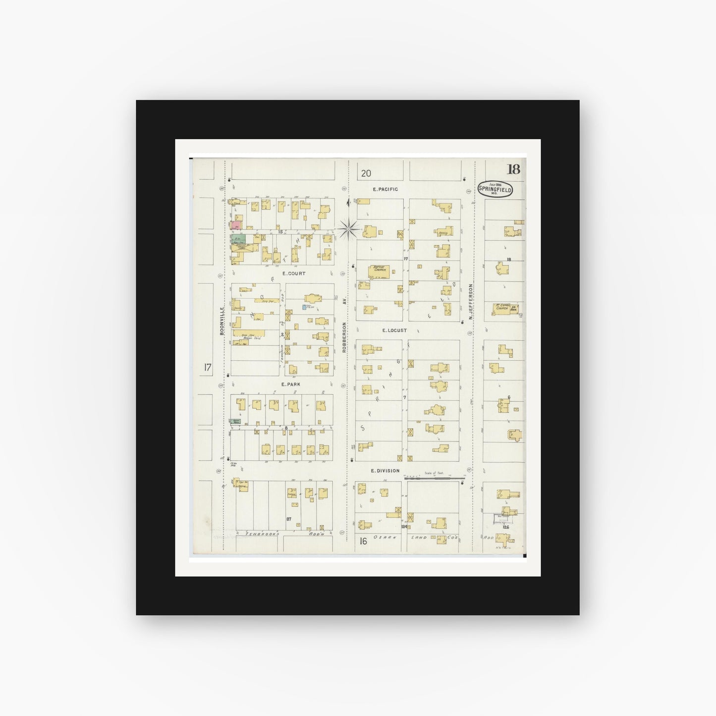 Old map wall art mockup — black gallery frame with white mat — Sanborn Fire Insurance Map from Springfield, Greene County, Missouri (1896), Sheet #0018