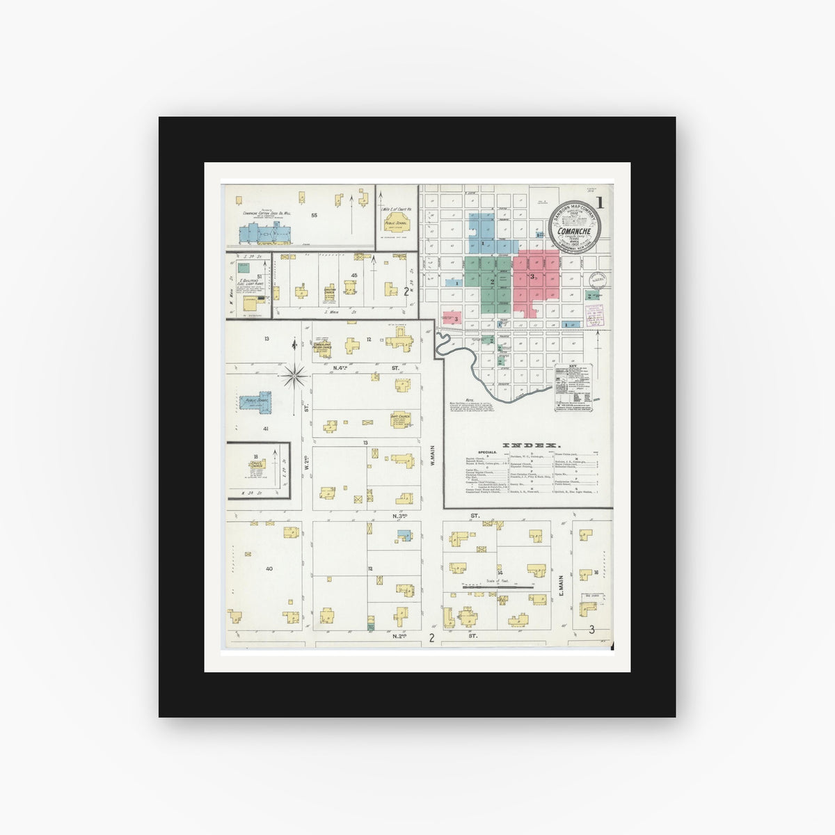 Old map wall art mockup — black gallery frame with white mat — Sanborn Fire Insurance Map from Comanche, Comanche County, Texas (1902) - Complete Map Set