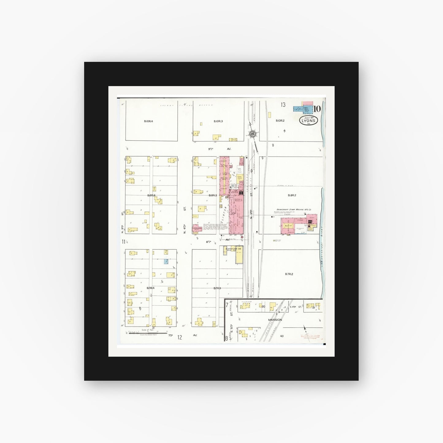 Old map wall art mockup — black gallery frame with white mat — Sanborn Fire Insurance Map from Lyons, Clinton County, Iowa (1917), Sheet #0010