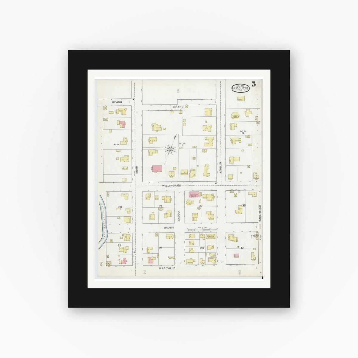 Old map wall art mockup — black gallery frame with white mat — Sanborn Fire Insurance Map from Cleburne, Johnson County, Texas (1893), Sheet #0005