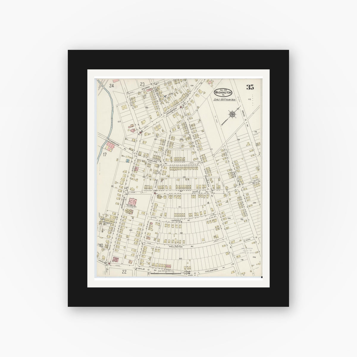 Old map wall art mockup — black gallery frame with white mat — Sanborn Fire Insurance Map from Washington, Washington County, Pennsylvania (1914), Sheet #0035