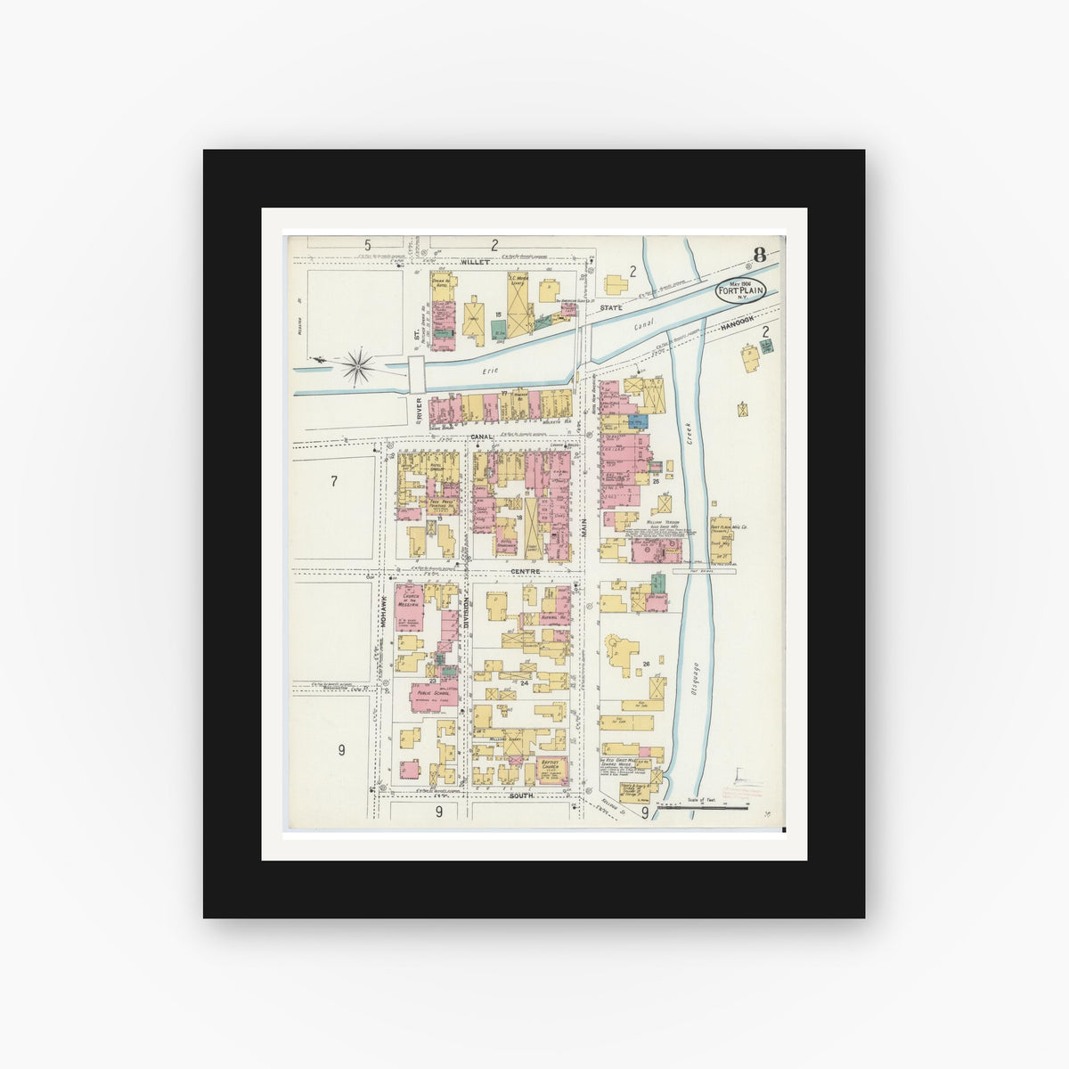 Old map wall art mockup — black gallery frame with white mat — Sanborn Fire Insurance Map from Fort Plain, Montgomery County, New York (1906), Sheet #0008