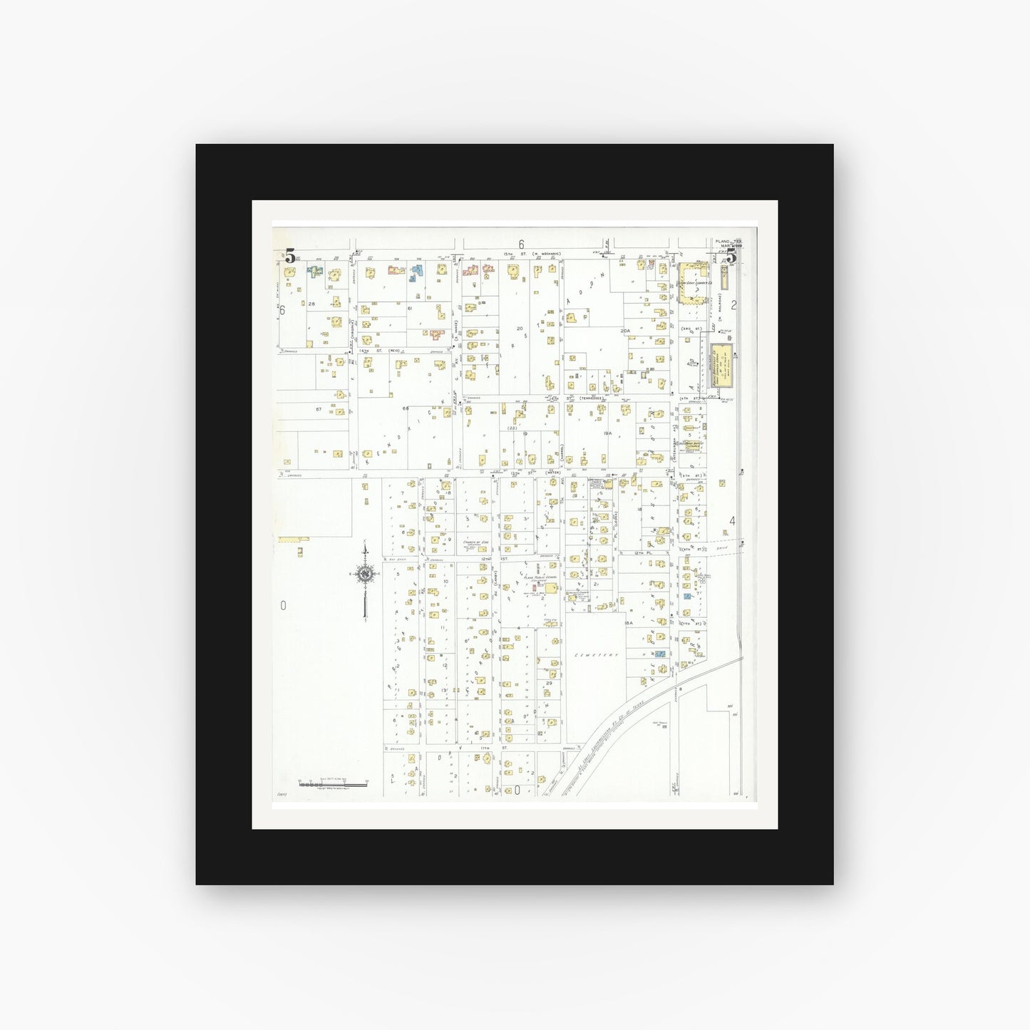 Old map wall art mockup — black gallery frame with white mat — Sanborn Fire Insurance Map from Plano, Collin County, Texas (1949), Sheet #0005