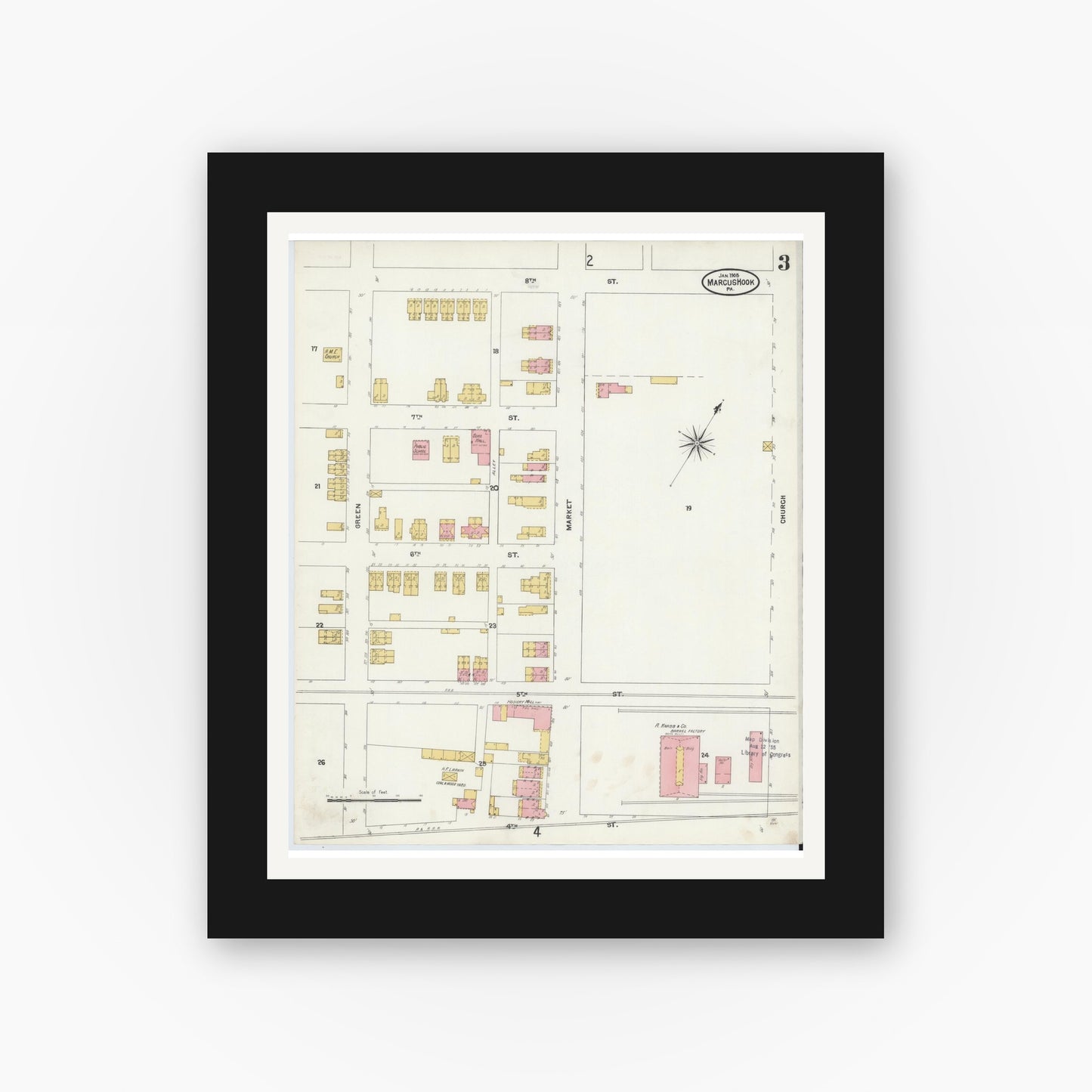 Old map wall art mockup — black gallery frame with white mat — Sanborn Fire Insurance Map from Marcus Hook, Chester County, Pennsylvania (1905), Sheet #0003
