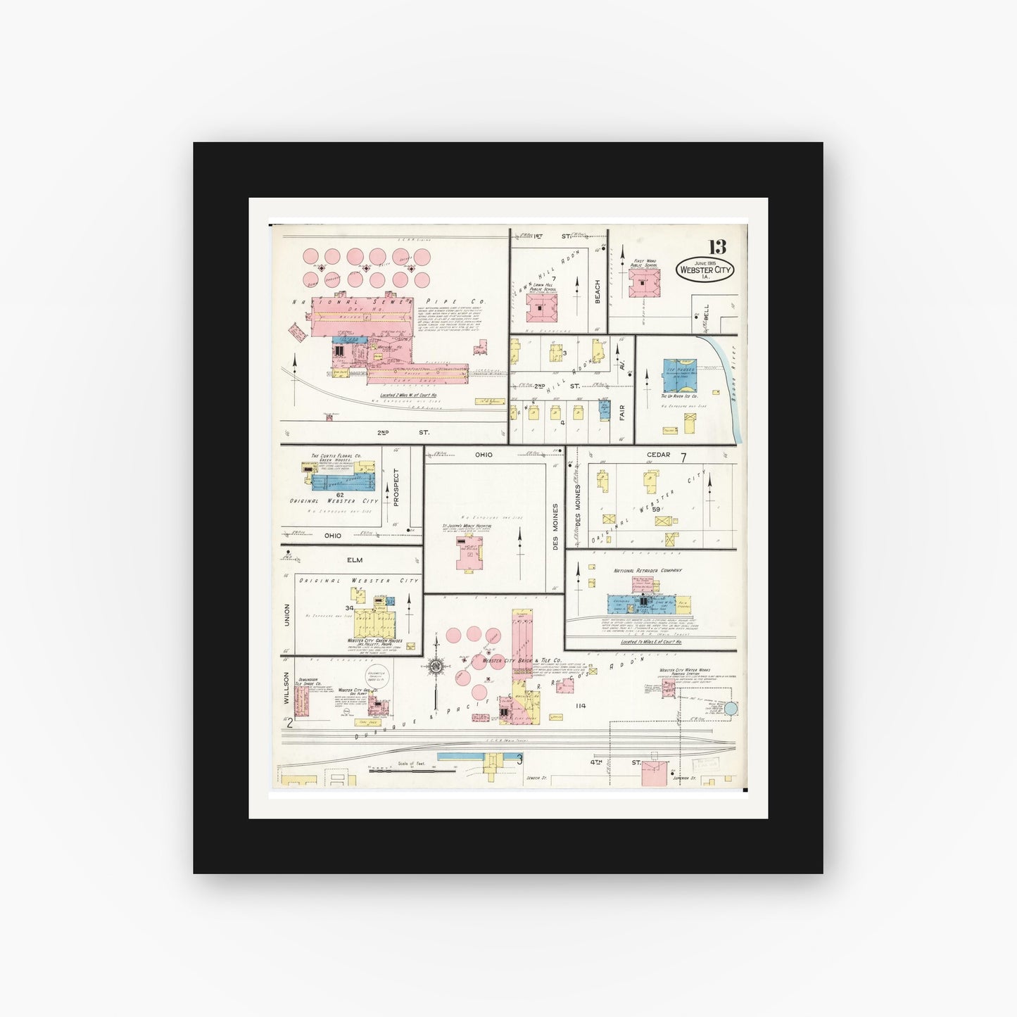 Old map wall art mockup — black gallery frame with white mat — Sanborn Fire Insurance Map from Webster City, Hamilton County, Iowa (1915), Sheet #0013