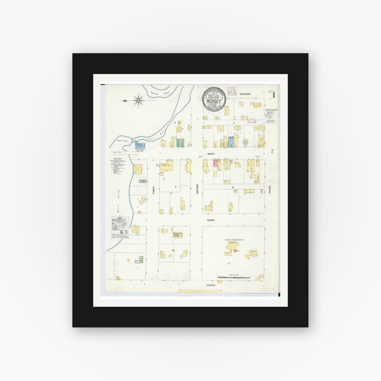 Old map wall art mockup — black gallery frame with white mat — Sanborn Fire Insurance Map from Hersey, Osceola County, Michigan (1908) - Complete Map Set
