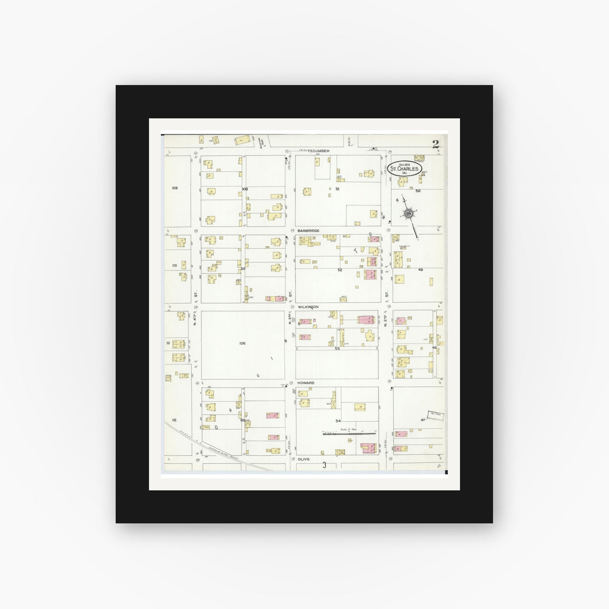 Old map wall art mockup — black gallery frame with white mat — Sanborn Fire Insurance Map from Saint Charles, Saint Charles County, Missouri (1909), Sheet #0002