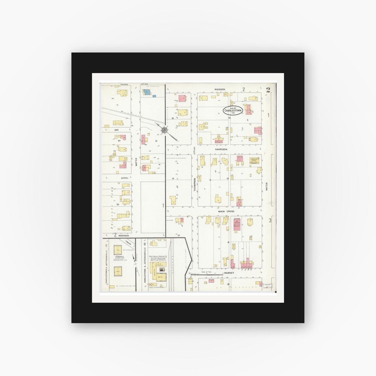 Old map wall art mockup — black gallery frame with white mat — Sanborn Fire Insurance Map from Charlestown, Clark County, Indiana (1911), Sheet #0002