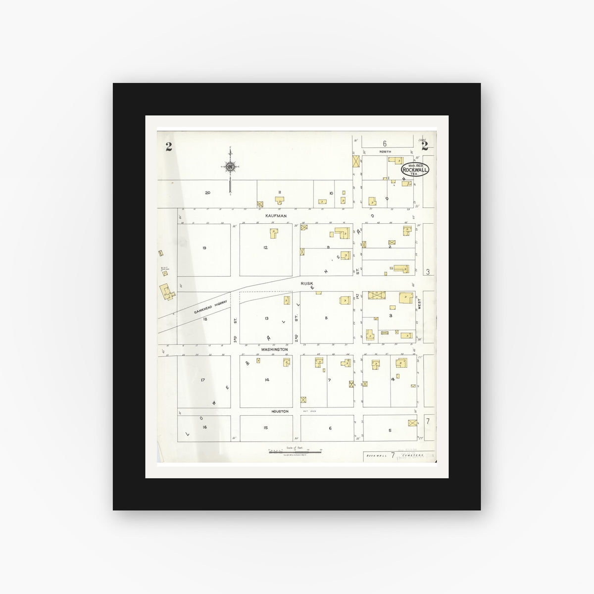 Old map wall art mockup — black gallery frame with white mat — Sanborn Fire Insurance Map from Rockwall, Rockwall County, Texas (1923), Sheet #0002