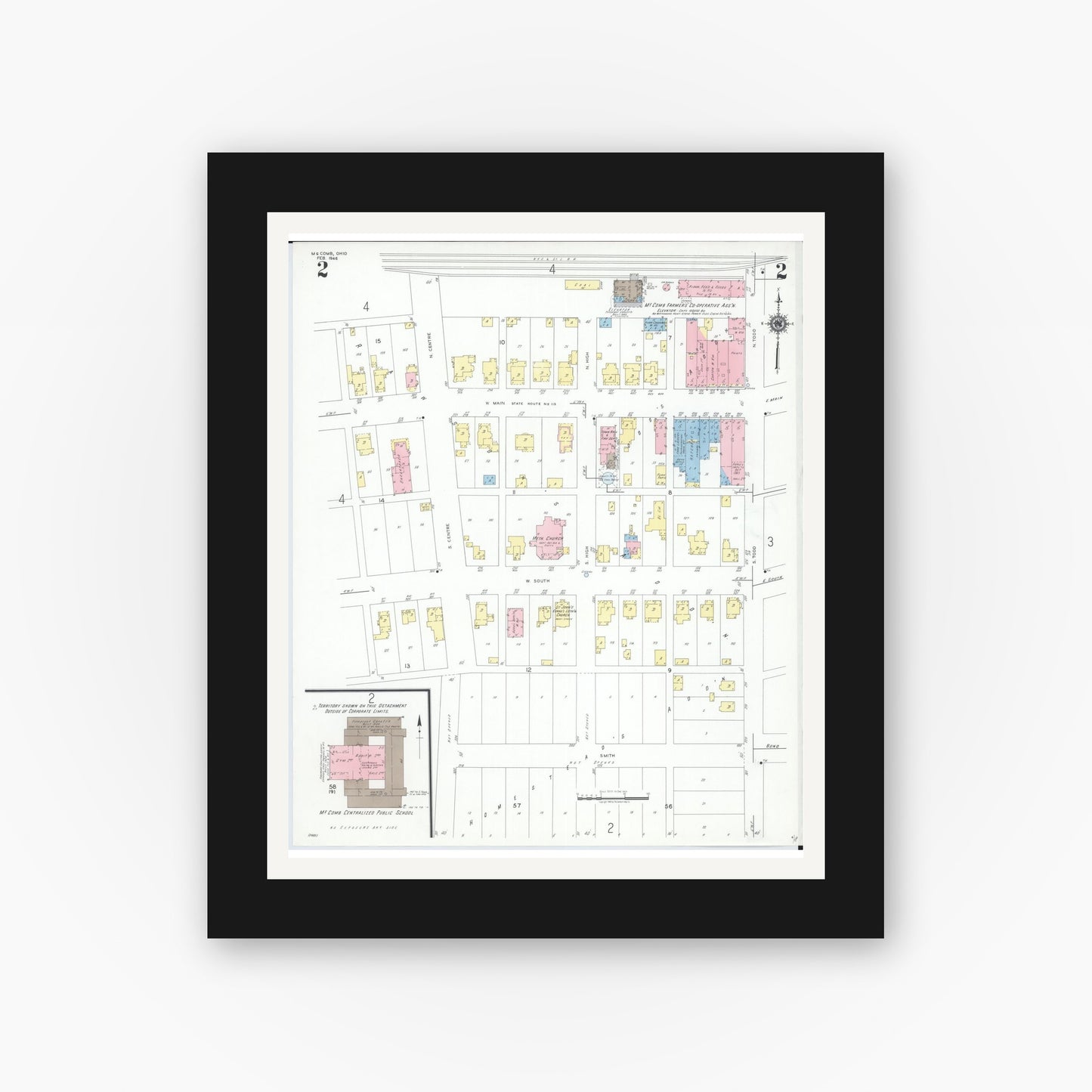 Old map wall art mockup — black gallery frame with white mat — Sanborn Fire Insurance Map from McComb, Hancock County, Ohio (1946), Sheet #0002