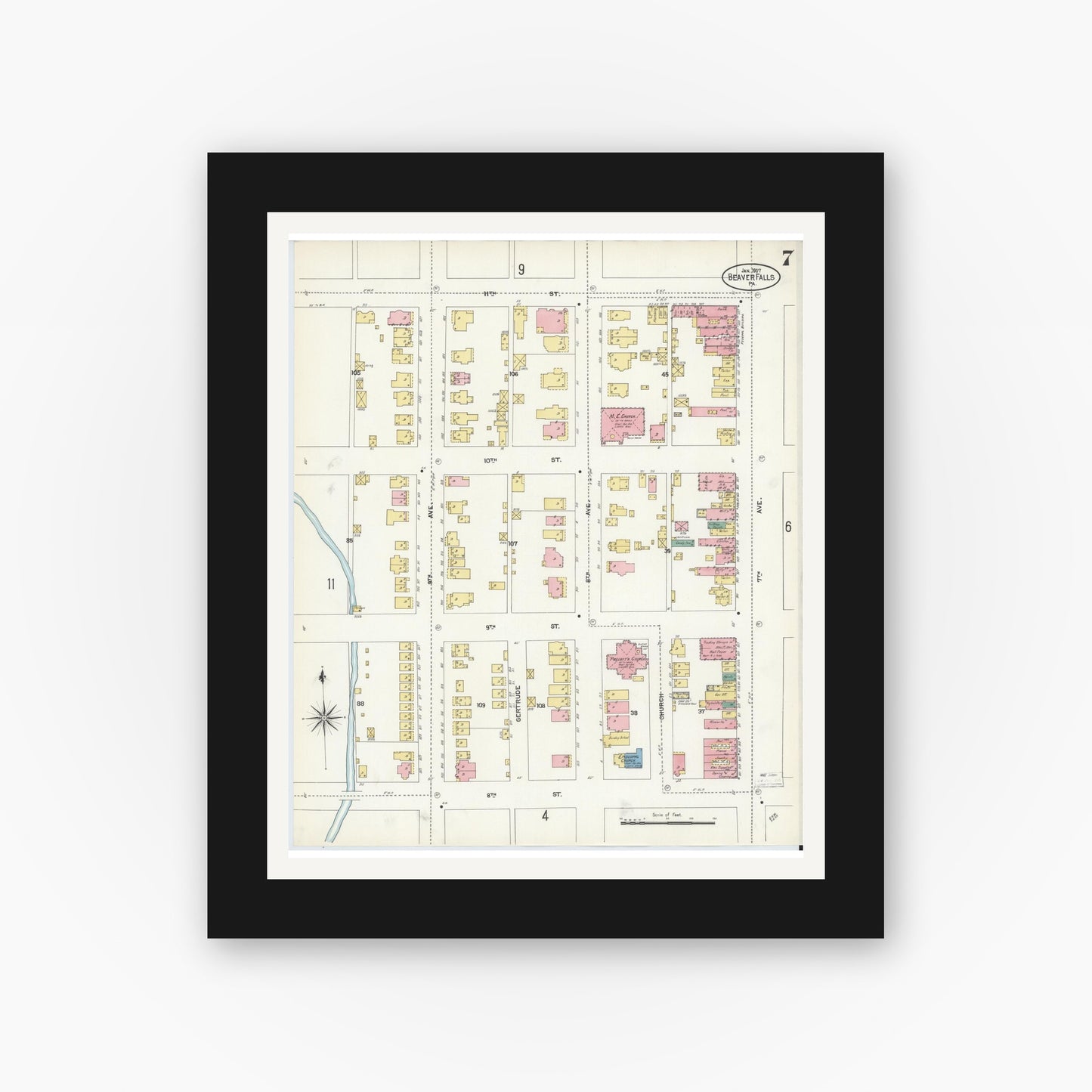 Old map wall art mockup — black gallery frame with white mat — Sanborn Fire Insurance Map from Beaver Falls, Beaver County, Pennsylvania (1907), Sheet #0007