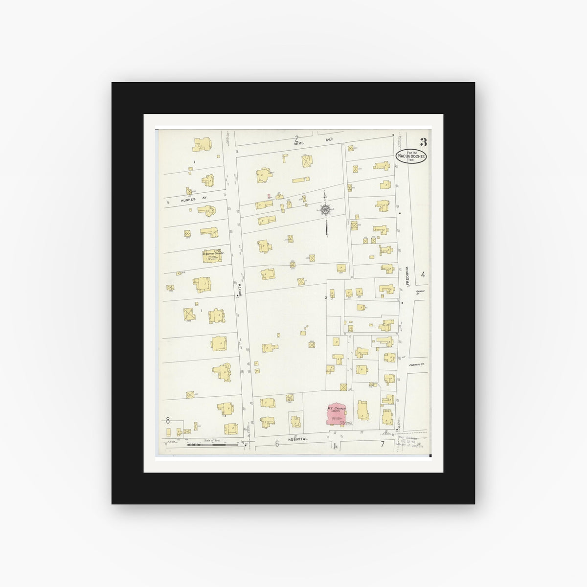Old map wall art mockup — black gallery frame with white mat — Sanborn Fire Insurance Map from Nacogdoches, Nacogdoches County, Texas (1912), Sheet #0003