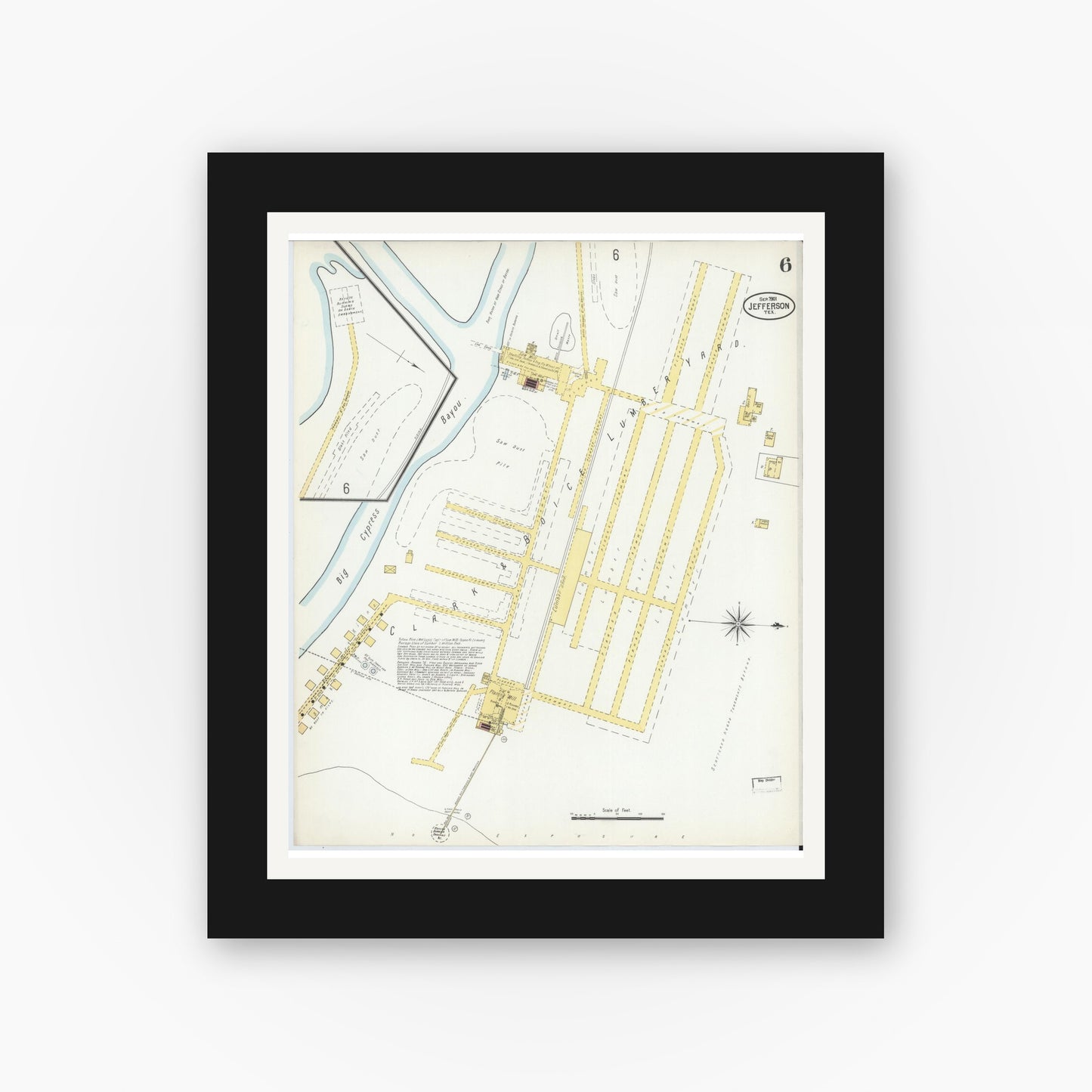 Old map wall art mockup — black gallery frame with white mat — Sanborn Fire Insurance Map from Jefferson, Marion County, Texas (1901), Sheet #0006