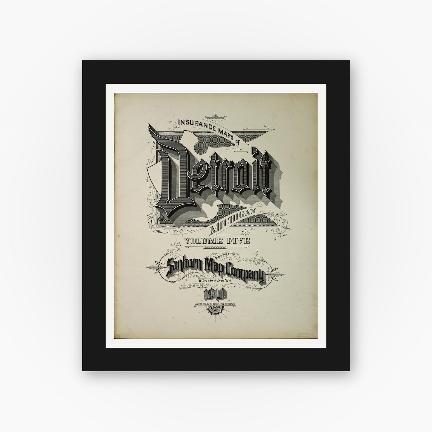 Old map wall art mockup — black gallery frame with white mat — Sanborn Fire Insurance Map from Detroit, Wayne County, Michigan (1910), Sheet #0001