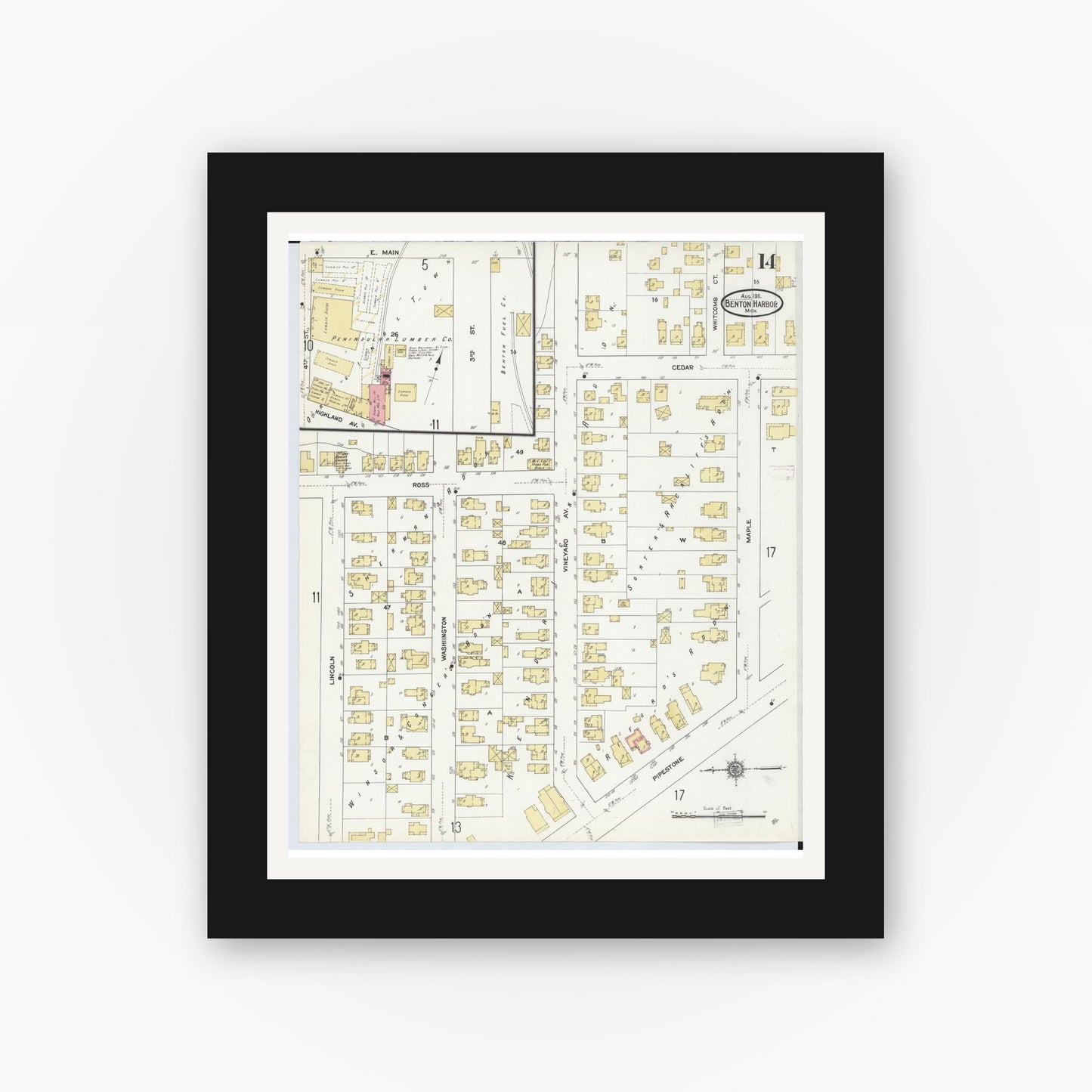 Old map wall art mockup — black gallery frame with white mat — Sanborn Fire Insurance Map from Benton Harbor, Berrien County, Michigan (1911), Sheet #0014