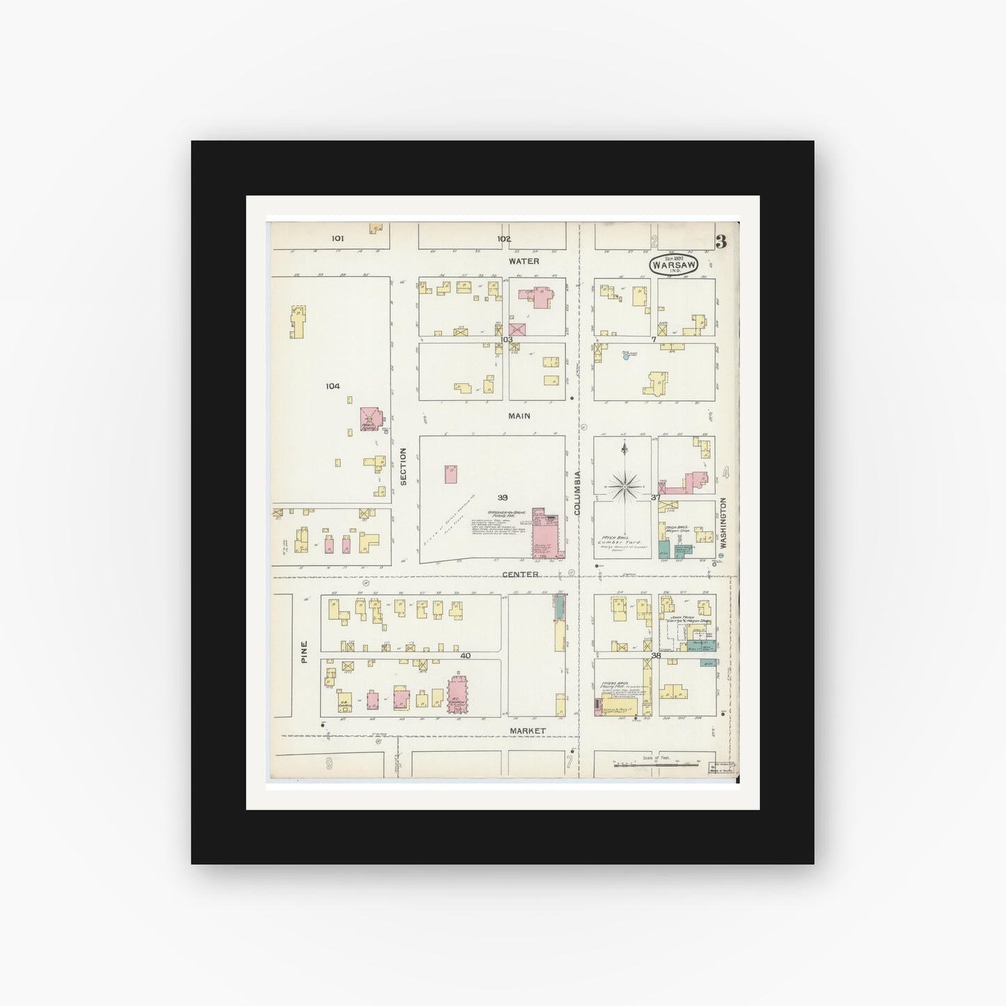Old map wall art mockup — black gallery frame with white mat — Sanborn Fire Insurance Map from Warsaw, Kosciusko County, Indiana (1892), Sheet #0003