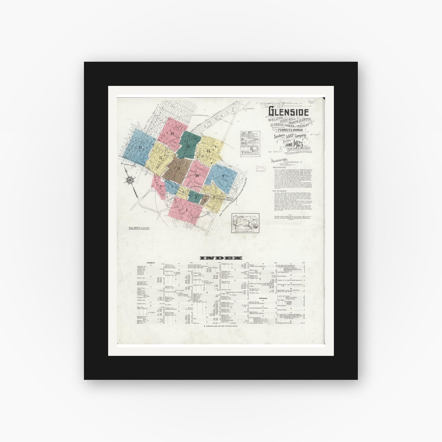 Old map wall art mockup — black gallery frame with white mat — Sanborn Fire Insurance Map from Glenside, Montgomery County, Pennsylvania (1925), Sheet #0001