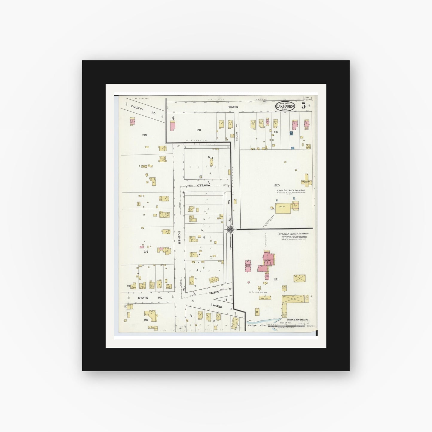 Old map wall art mockup — black gallery frame with white mat — Sanborn Fire Insurance Map from Oak Harbor, Ottawa County, Ohio (1920), Sheet #0005