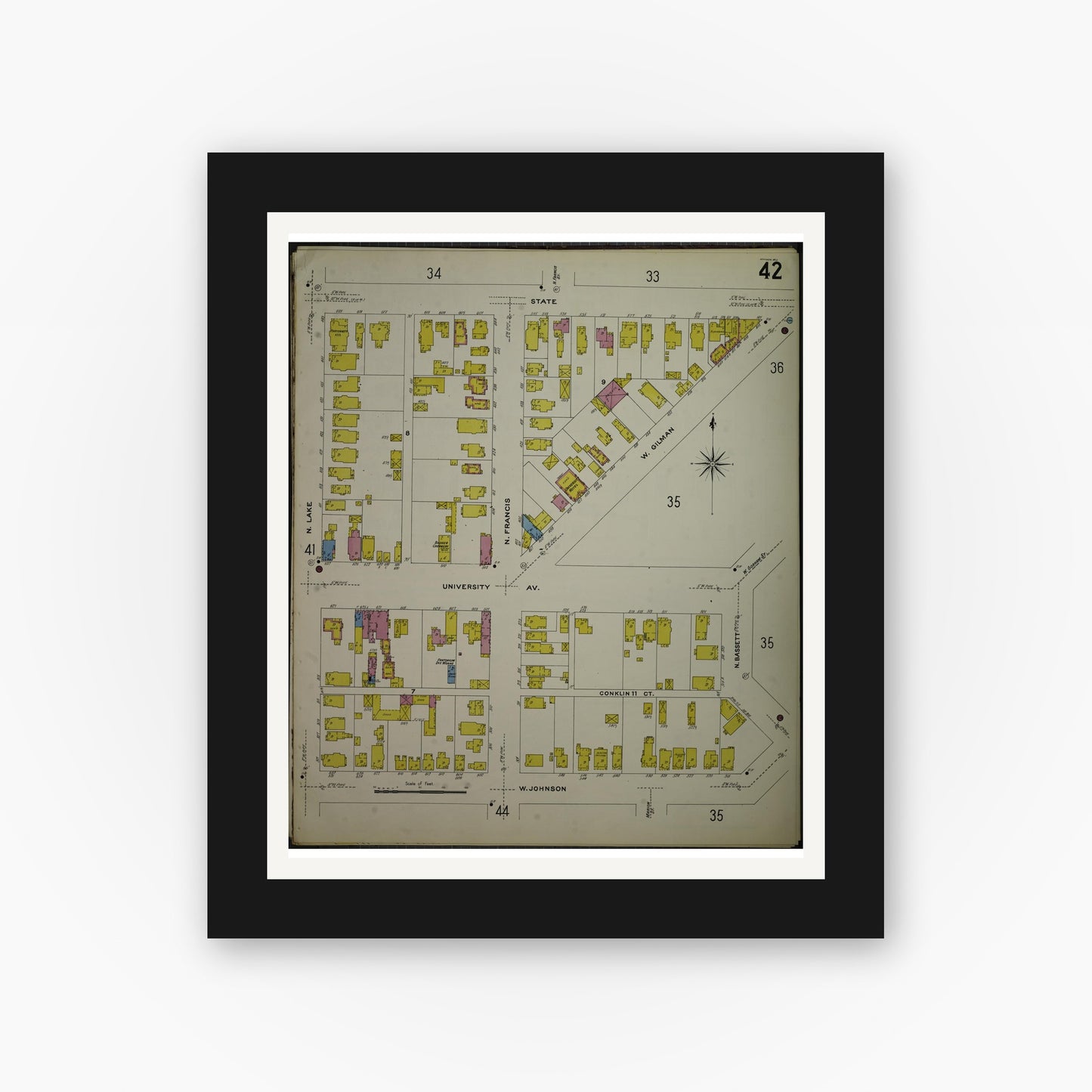 Old map wall art mockup — black gallery frame with white mat — Sanborn Fire Insurance Map from Madison, Dane County, Wisconsin (1908), Sheet #0042