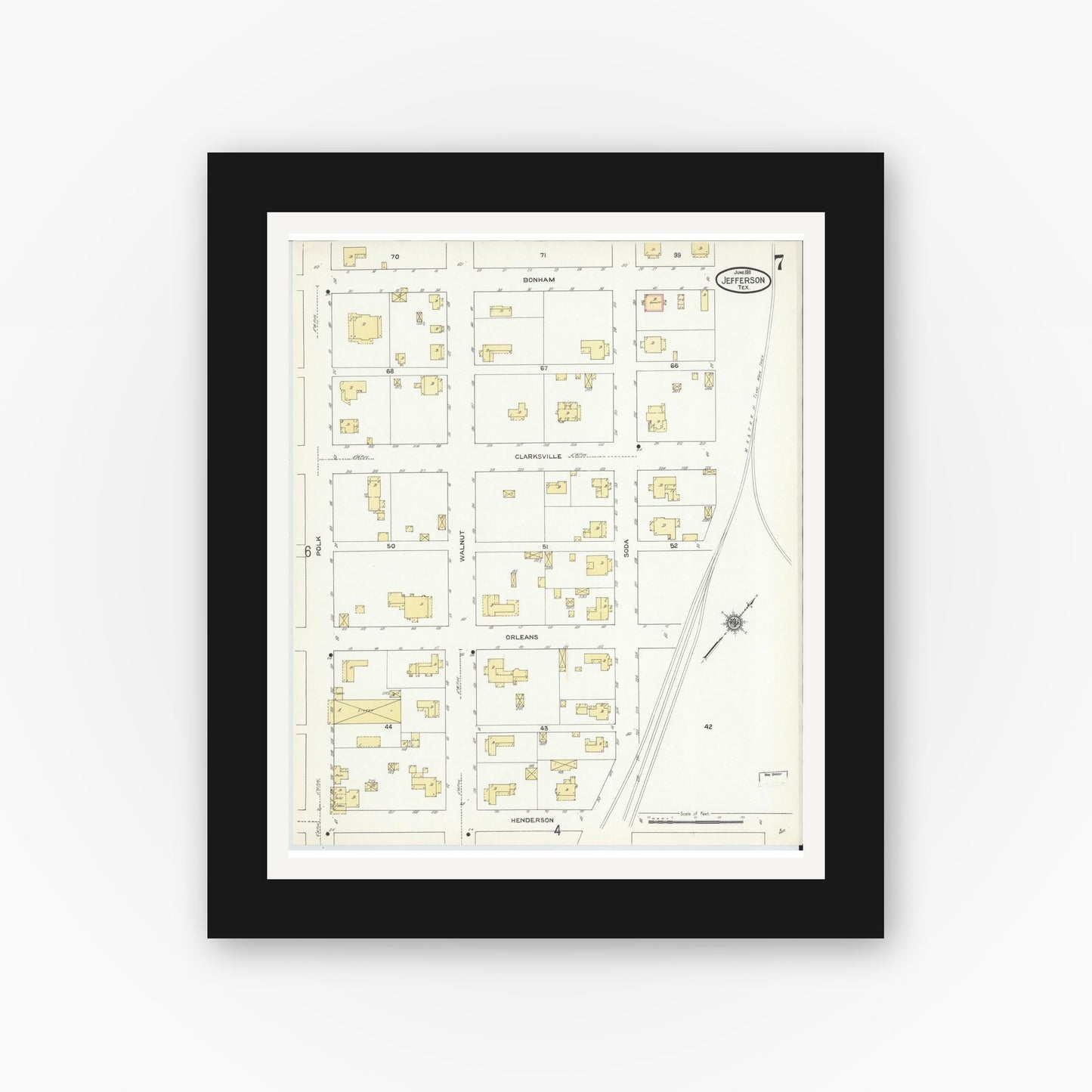 Old map wall art mockup — black gallery frame with white mat — Sanborn Fire Insurance Map from Jefferson, Marion County, Texas (1911), Sheet #0007