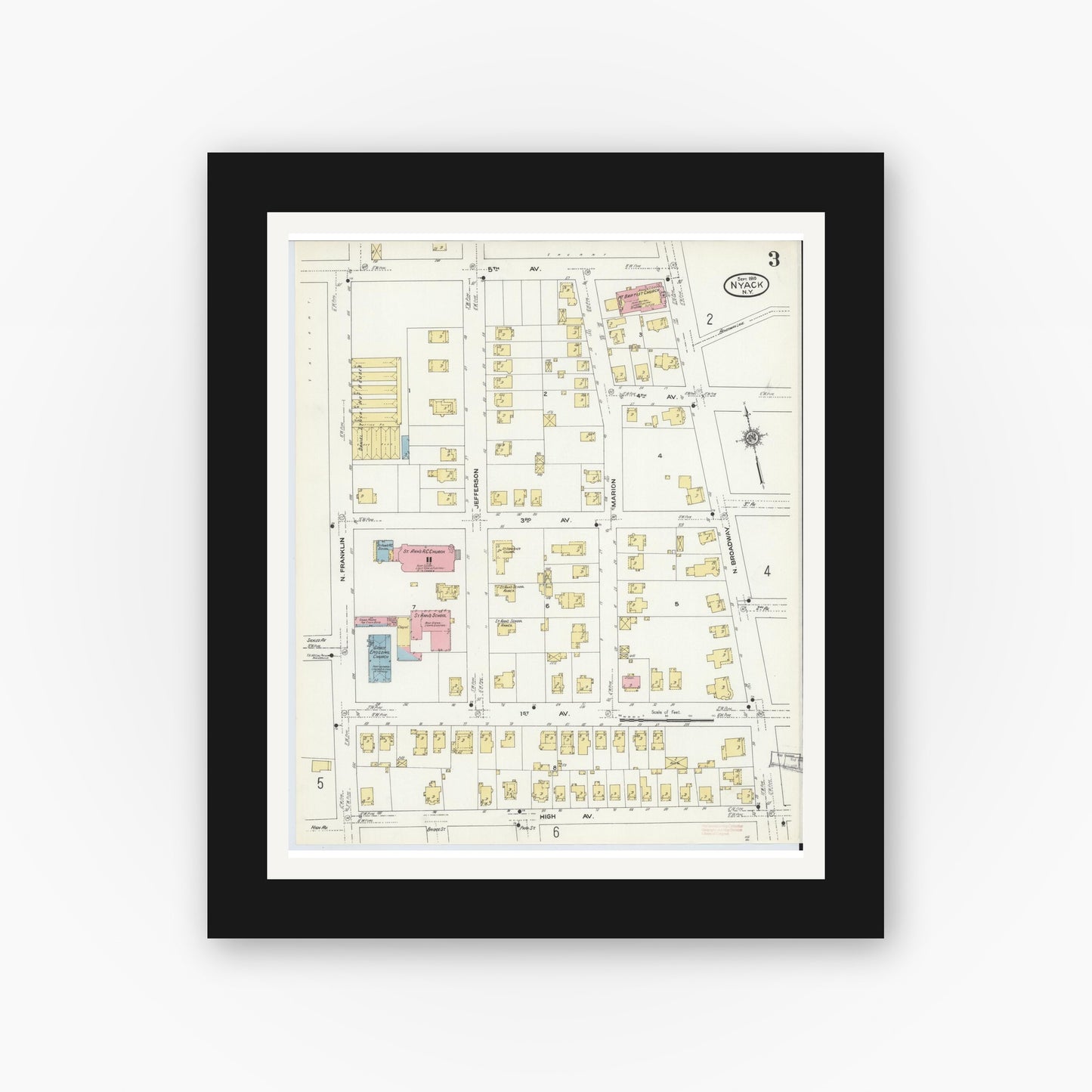 Old map wall art mockup — black gallery frame with white mat — Sanborn Fire Insurance Map from Nyack, Rockland County, New York. (1910), Sheet #0003