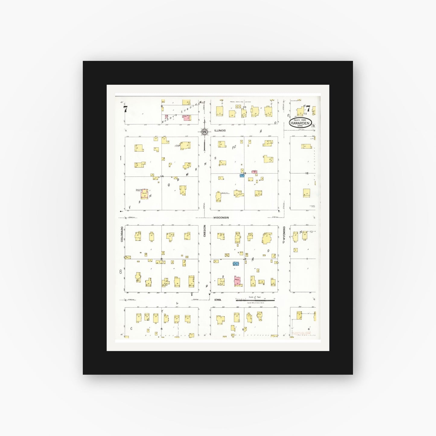 Old map wall art mockup — black gallery frame with white mat — Sanborn Fire Insurance Map from Hawarden, Sioux County, Iowa (1924), Sheet #0007
