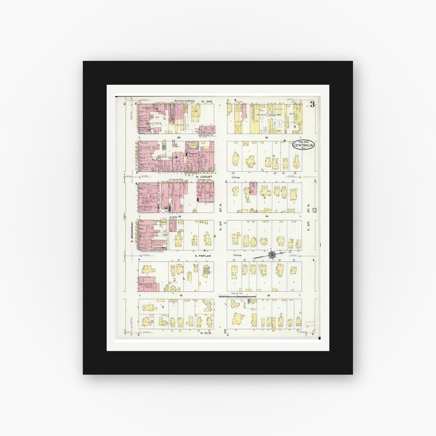 Old map wall art mockup — black gallery frame with white mat — Sanborn Fire Insurance Map from Centralia, Marion, Clinton, Jefferson, and Washington Counties, Illinois (1909), Sheet #0003