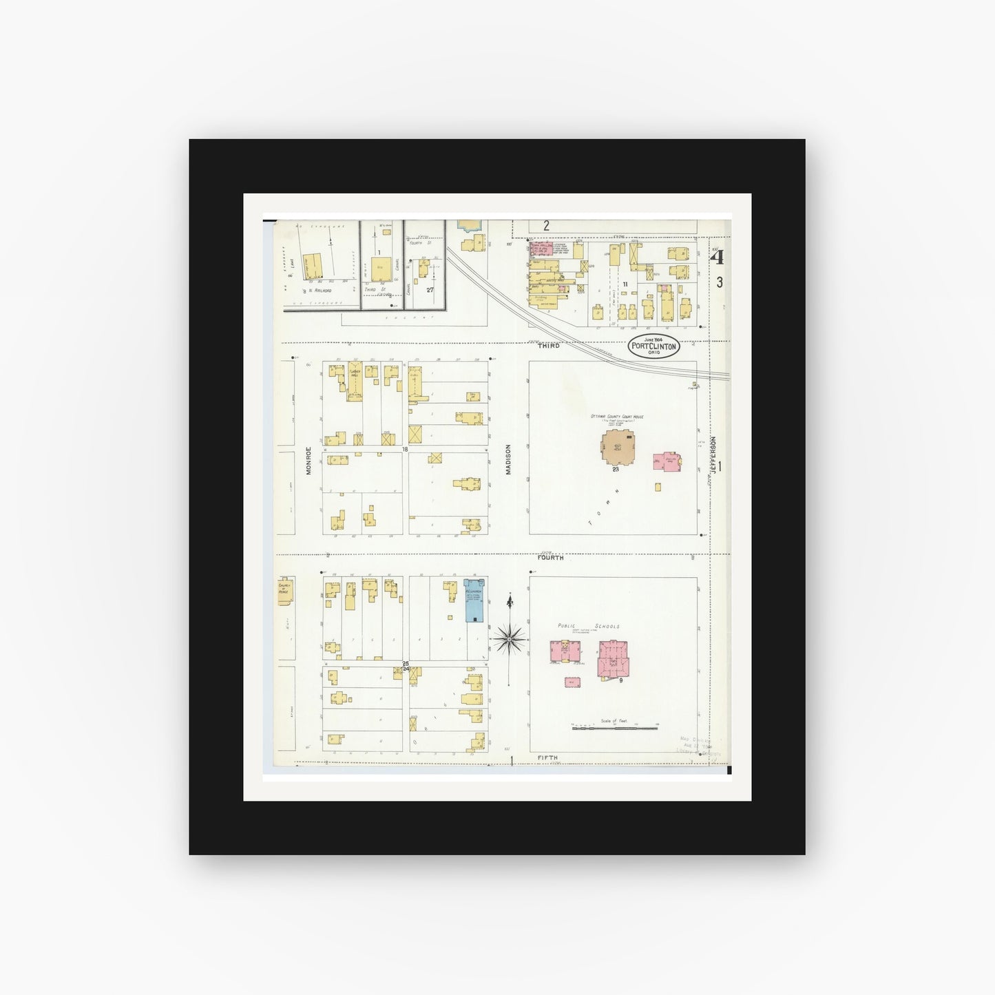 Old map wall art mockup — black gallery frame with white mat — Sanborn Fire Insurance Map from Port Clinton, Ottawa County, Ohio (1904), Sheet #0004