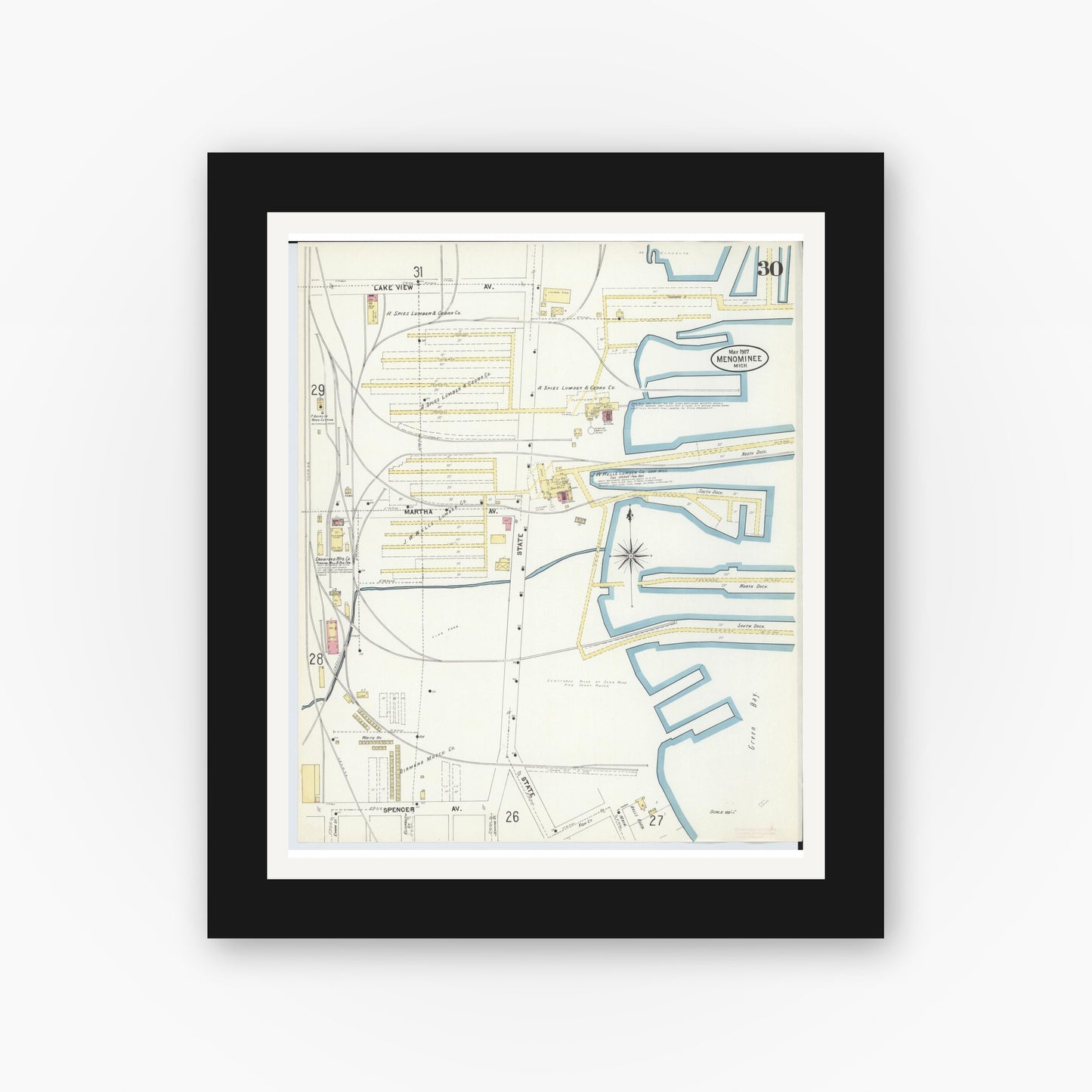 Old map wall art mockup — black gallery frame with white mat — Sanborn Fire Insurance Map from Menominee, Menominee County, Michigan (1907), Sheet #0030