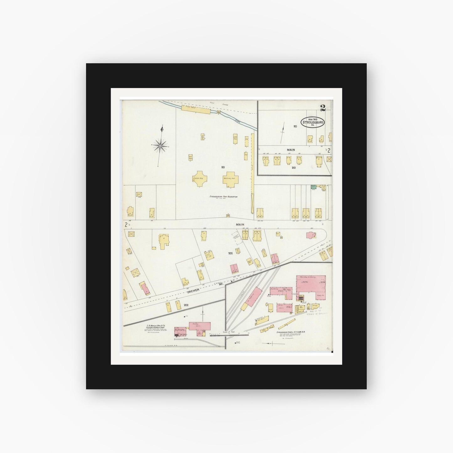 Old map wall art mockup — black gallery frame with white mat — Sanborn Fire Insurance Map from Stroudsburg, Monroe County, Pennsylvania (1905), Sheet #0002