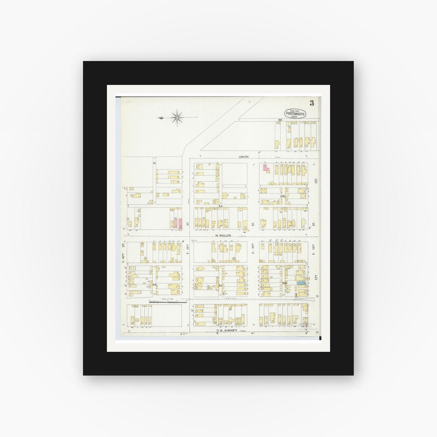 Old map wall art mockup — black gallery frame with white mat — Sanborn Fire Insurance Map from Portsmouth, Scioto County, Ohio (1904), Sheet #0003