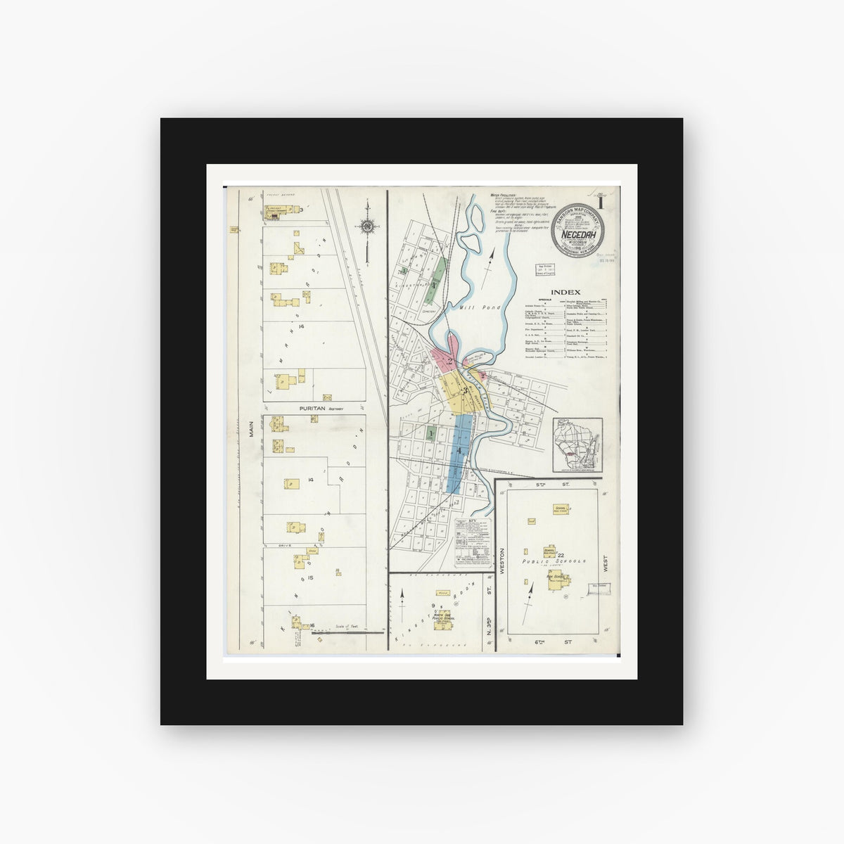 Old map wall art mockup — black gallery frame with white mat — Sanborn Fire Insurance Map from Necedah, Juneau County, Wisconsin (1916) - Complete Map Set