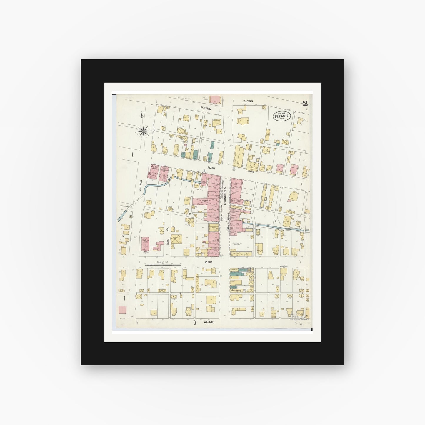 Old map wall art mockup — black gallery frame with white mat — Sanborn Fire Insurance Map from Saint Paris, Champaign County, Ohio (1901), Sheet #0002