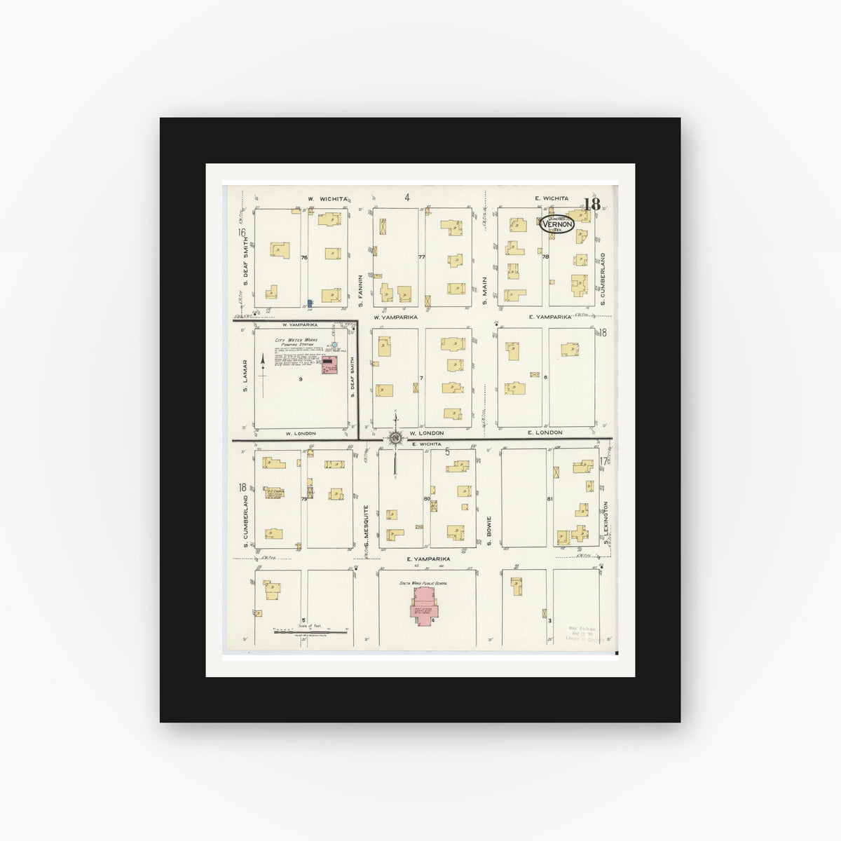 Old map wall art mockup — black gallery frame with white mat — Sanborn Fire Insurance Map from Vernon, Wilbarger County, Texas (1920), Sheet #0018
