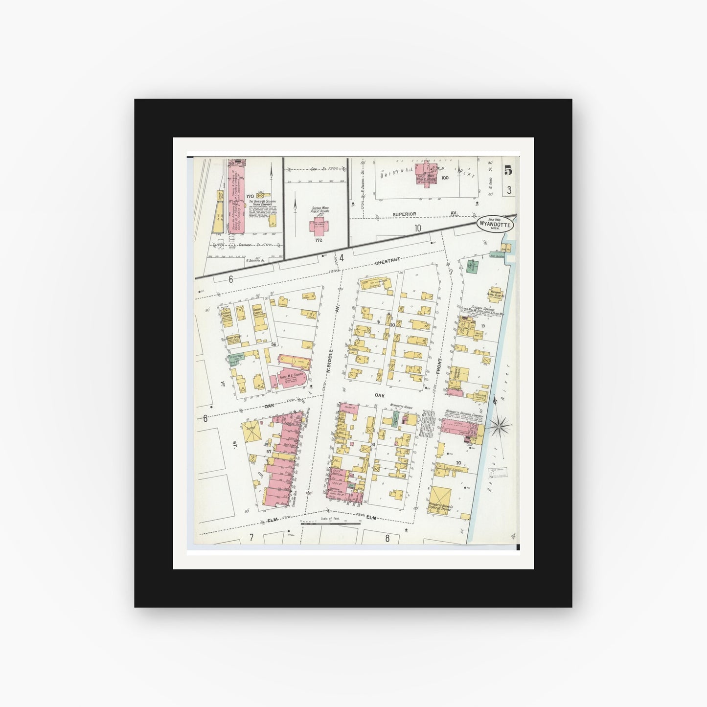 Old map wall art mockup — black gallery frame with white mat — Sanborn Fire Insurance Map from Wyandotte, Wayne County, Michigan (1900), Sheet #0005