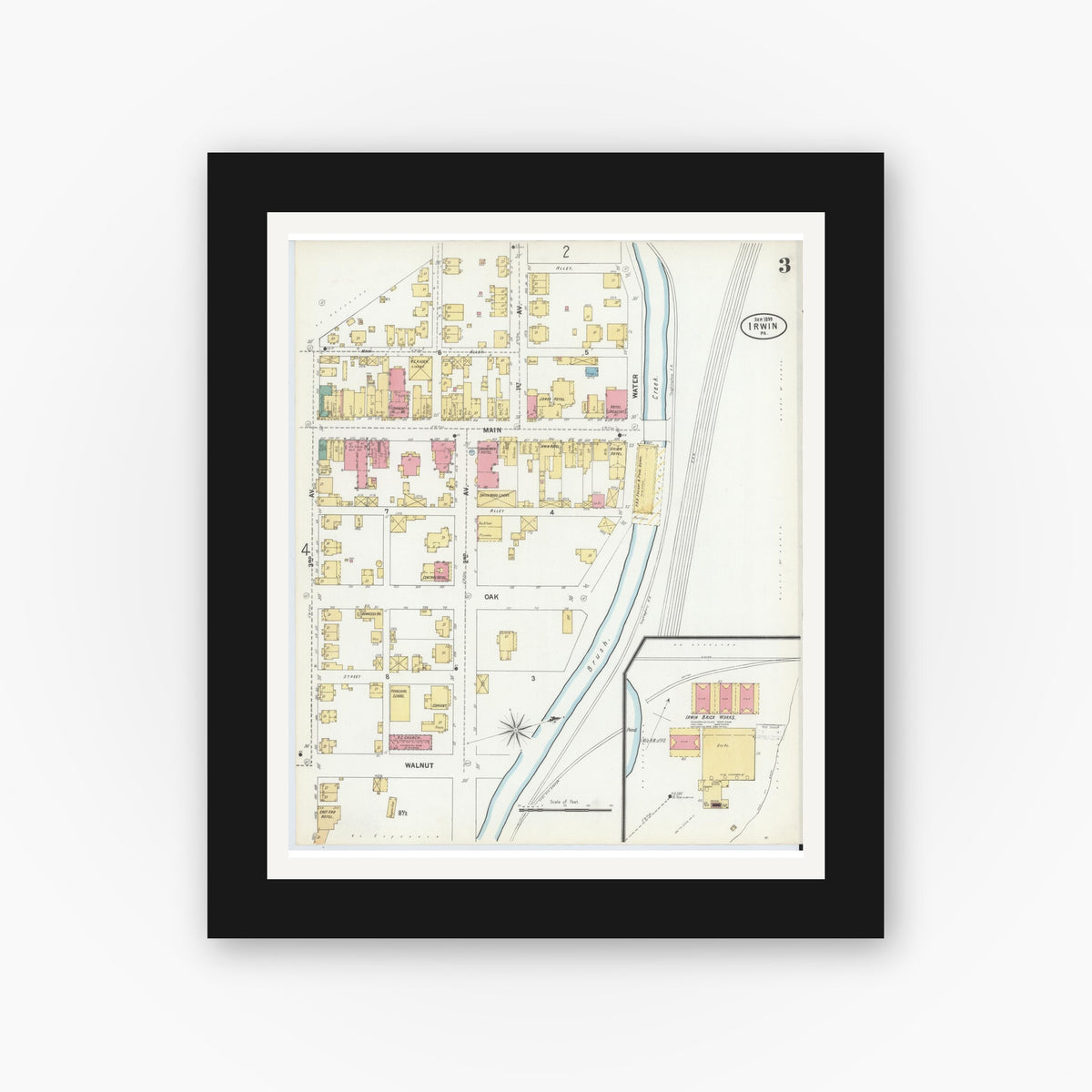 Old map wall art mockup — black gallery frame with white mat — Sanborn Fire Insurance Map from Irwin, Westmoreland County, Pennsylvania (1899), Sheet #0003