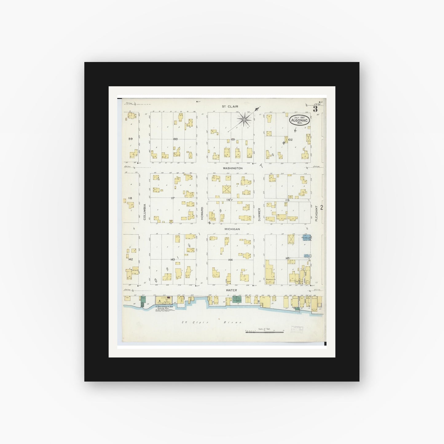 Old map wall art mockup — black gallery frame with white mat — Sanborn Fire Insurance Map from Algonac, Saint Clair County, Michigan (1907), Sheet #0003