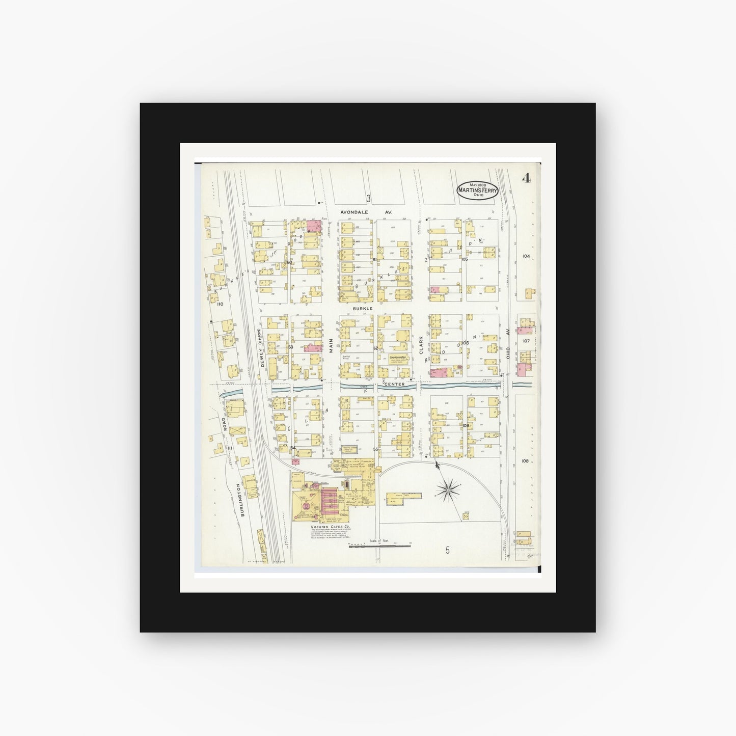 Old map wall art mockup — black gallery frame with white mat — Sanborn Fire Insurance Map from Martins Ferry, Belmont County, Ohio (1908), Sheet #0004