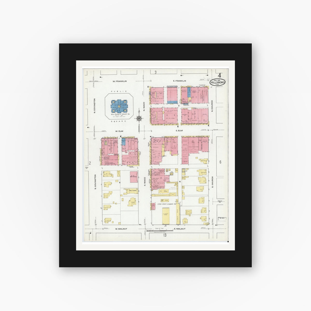 Old map wall art mockup — black gallery frame with white mat — Sanborn Fire Insurance Map from Hillsboro, Hill County, Texas (1918), Sheet #0004