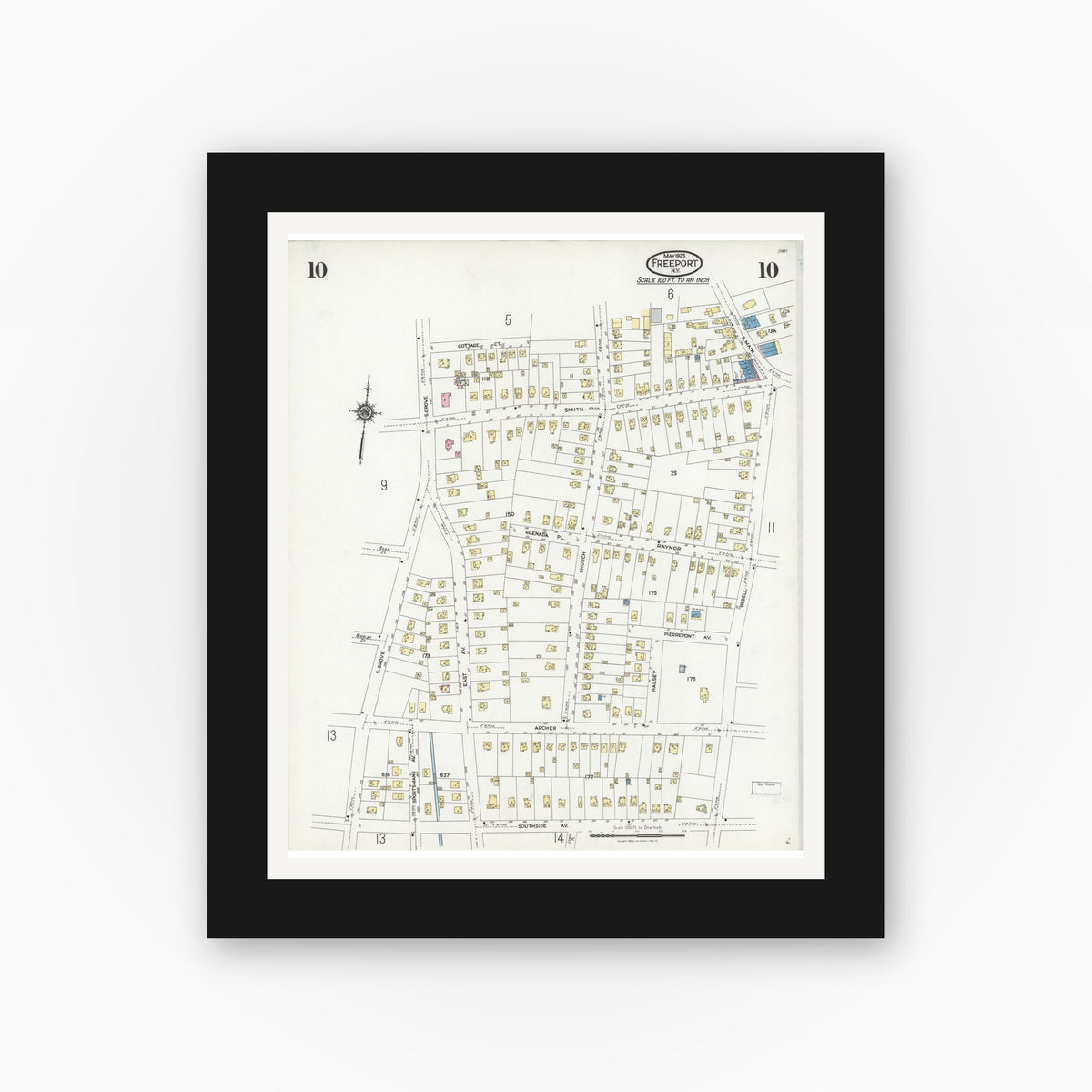Old map wall art mockup — black gallery frame with white mat — Sanborn Fire Insurance Map from Freeport, Nassau County, New York (1925), Sheet #0010