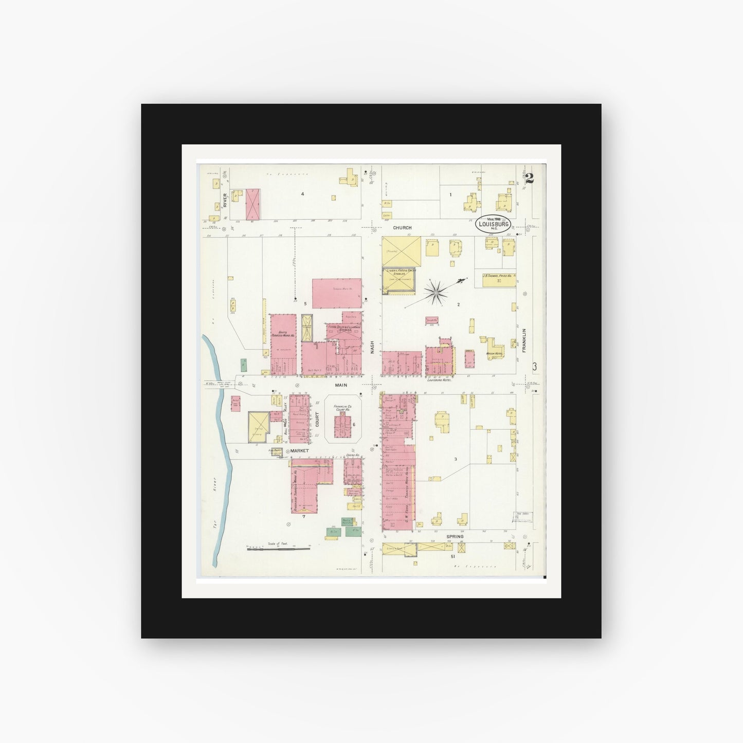Old map wall art mockup — black gallery frame with white mat — Sanborn Fire Insurance Map from Louisburg, Franklin County, North Carolina (1908), Sheet #0002