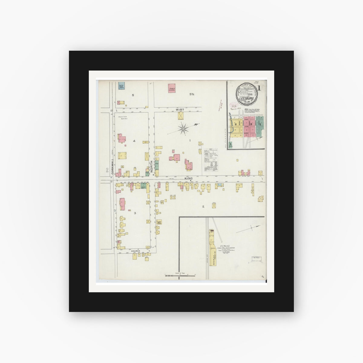 Old map wall art mockup — black gallery frame with white mat — Sanborn Fire Insurance Map from Leesburg, Loudoun County, Virginia (1894) - Complete Map Set