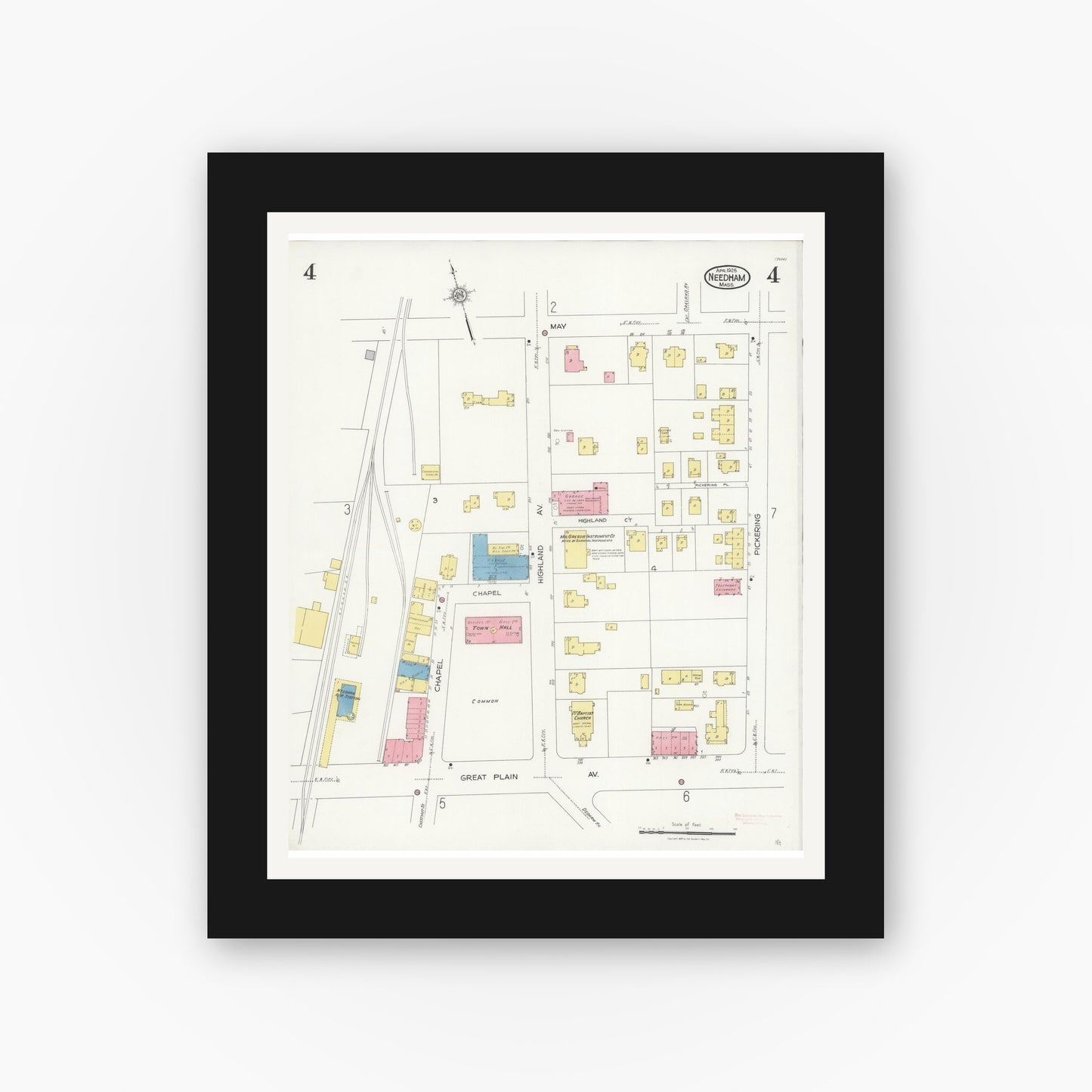 Old map wall art mockup — black gallery frame with white mat — Sanborn Fire Insurance Map from Needham, Norfolk County, Massachusetts (1926), Sheet #0004