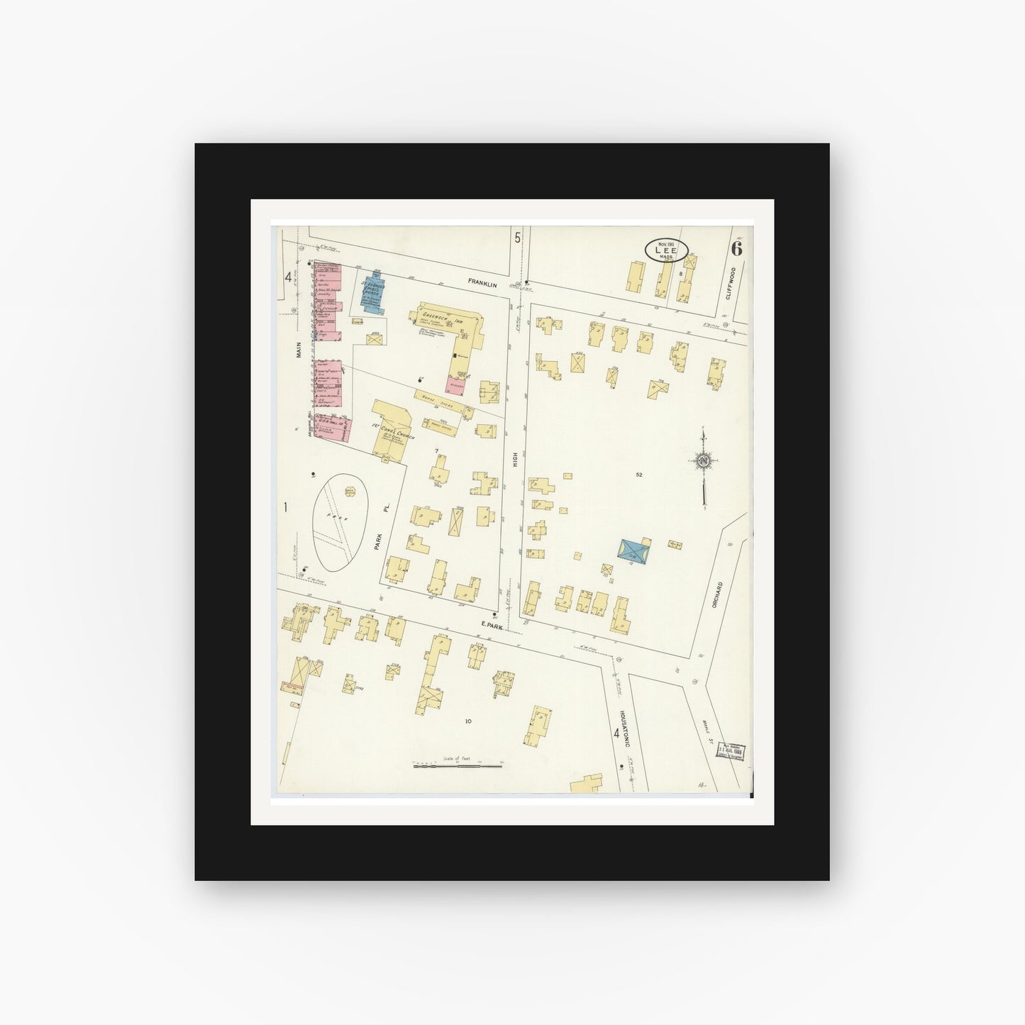 Old map wall art mockup — black gallery frame with white mat — Sanborn Fire Insurance Map from Lee, Berkshire County, Massachusetts (1911), Sheet #0006