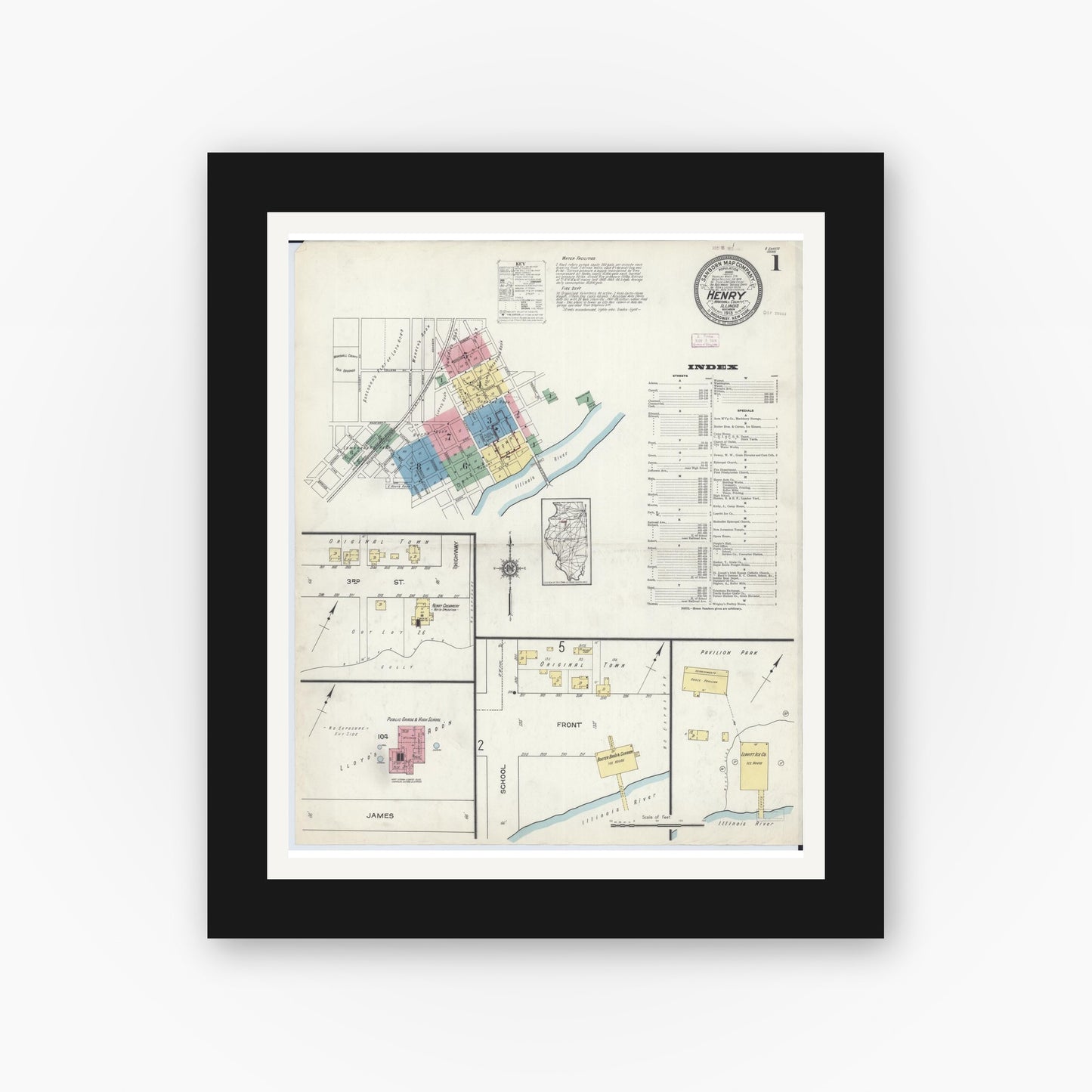 Old map wall art mockup — black gallery frame with white mat — Sanborn Fire Insurance Map from Henry, Marshall County, Illinois (1913), Sheet #0001