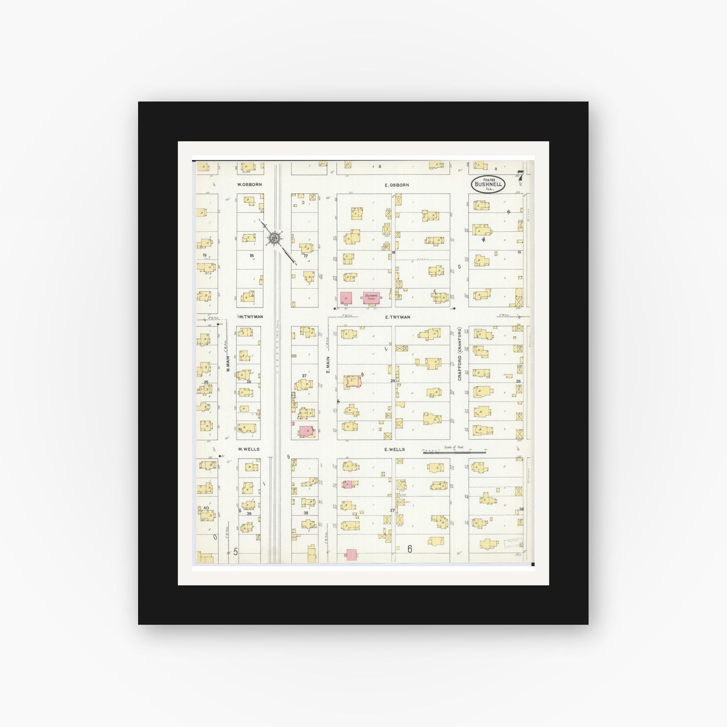 Old map wall art mockup — black gallery frame with white mat — Sanborn Fire Insurance Map from Bushnell, Mcdonough County, Illinois (1912), Sheet #0007
