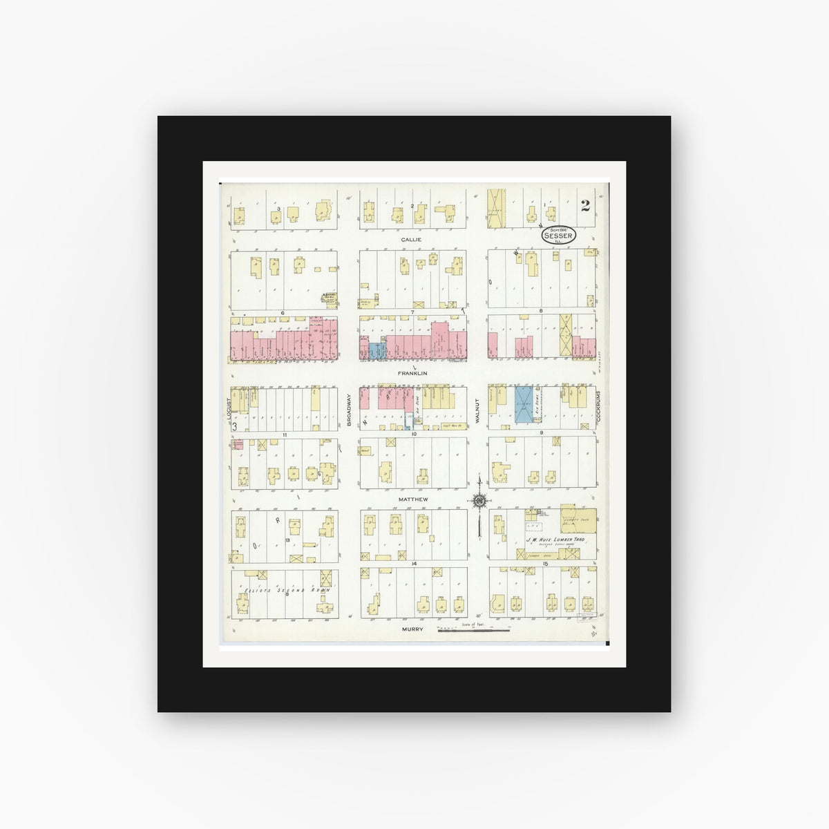 Old map wall art mockup — black gallery frame with white mat — Sanborn Fire Insurance Map from Sesser, Franklin County, Illinois (1914), Sheet #0002