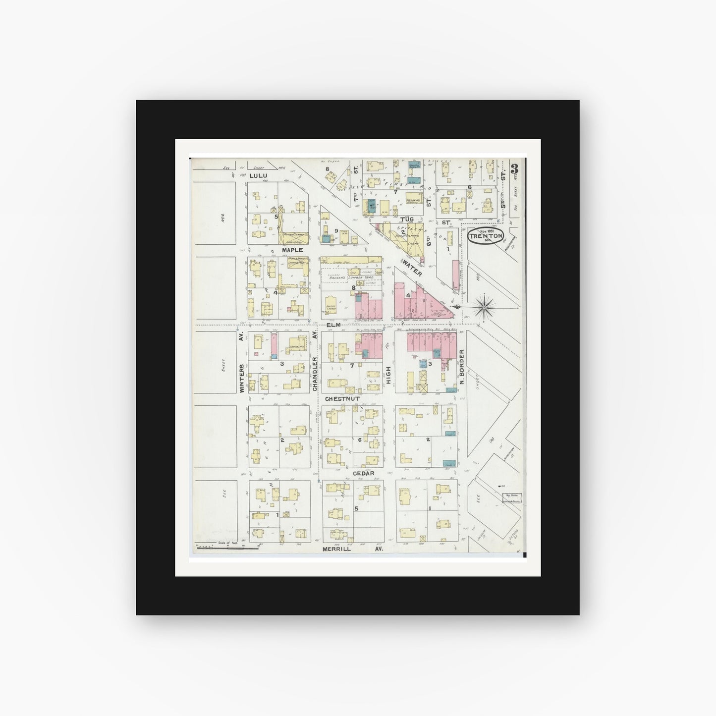 Old map wall art mockup — black gallery frame with white mat — Sanborn Fire Insurance Map from Trenton, Grundy County, Missouri (1891), Sheet #0003
