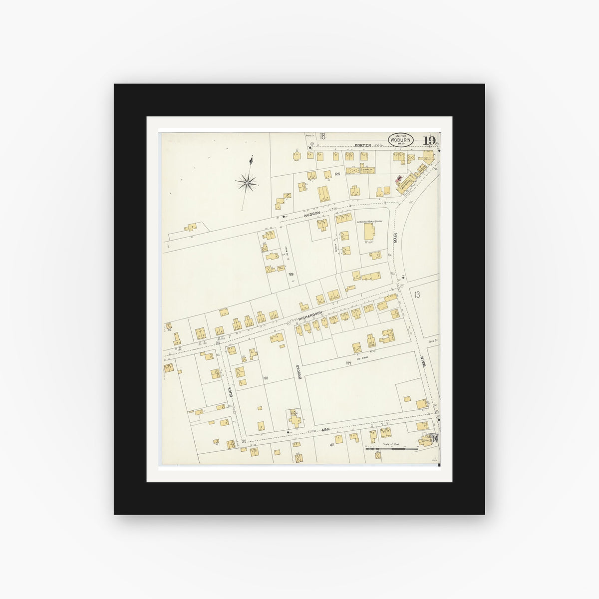 Old map wall art mockup — black gallery frame with white mat — Sanborn Fire Insurance Map from Woburn, Middlesex County, Massachusetts (1904), Sheet #0019